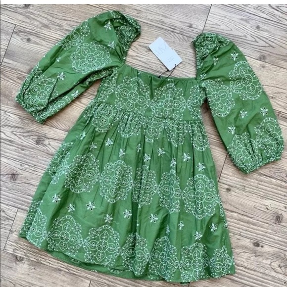ZARA OPENWORK EMBROIDERED DRESS PUFF SLEEVES Green - Picture 11 of 11
